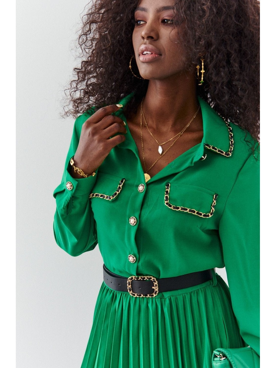 Shirt dress with pleated bottom, green 6783 - Online store - Boutique